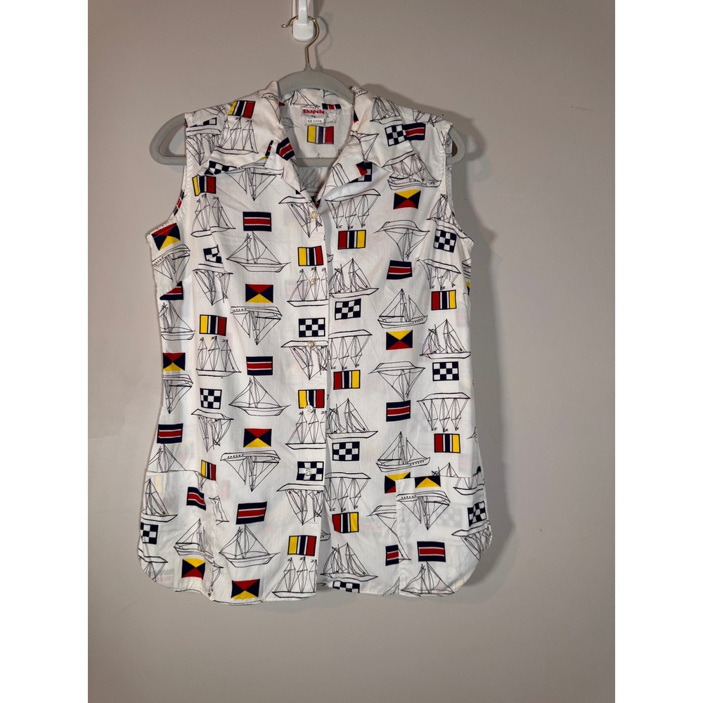 Shapely Vintage Nautical Sailboat Flag Sleeveless Button Down Shirt White 15/16